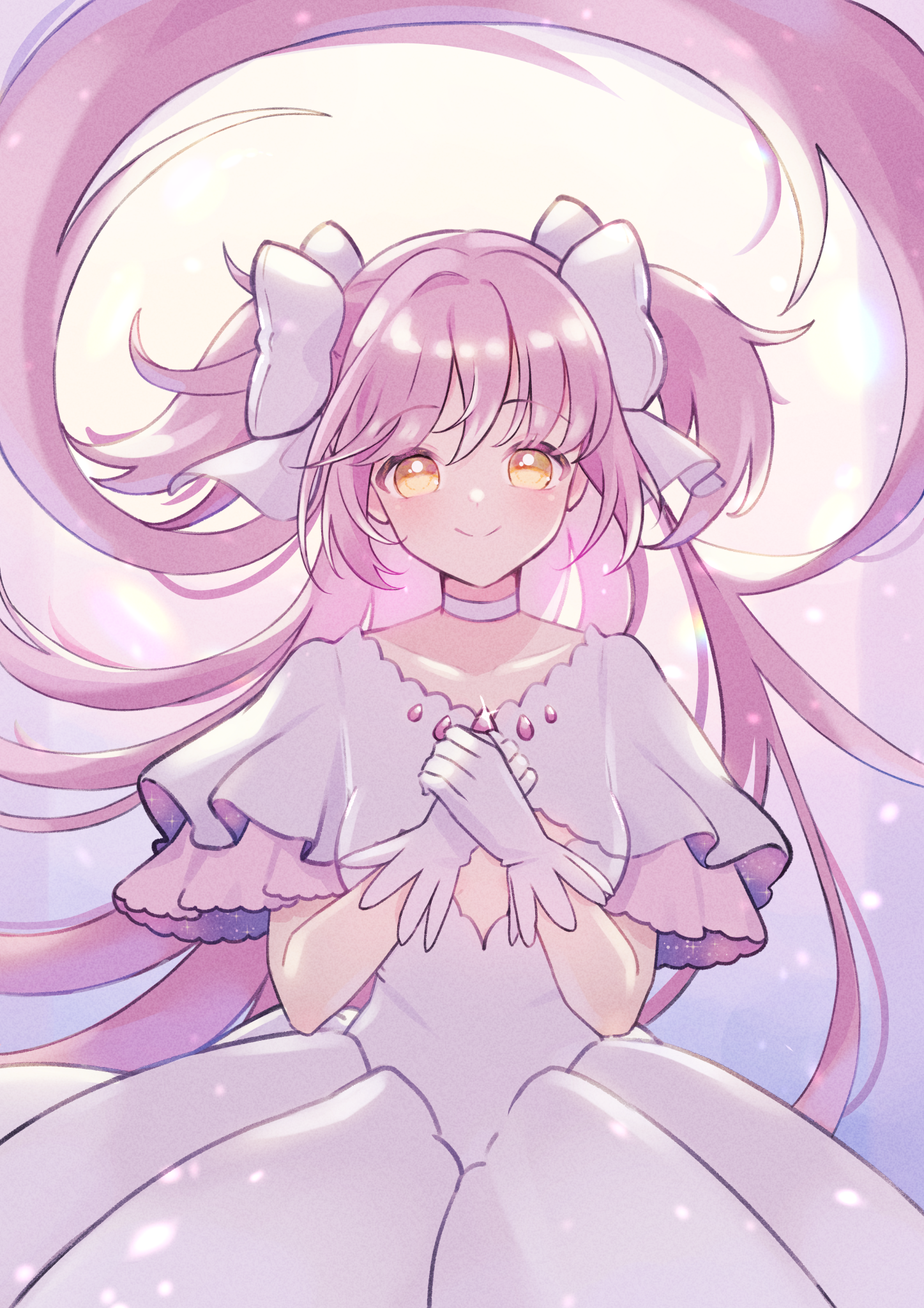 kaname madoka, ultimate madoka, mahou shoujo madoka magica, mahou shoujo madoka magica (anime), highres, 1girl, absurdly long hair, backlighting, blunt bangs, bow, choker, cleavage cutout, closed mouth, clothing cutout, collarbone, dot nose, dress, floating hair, frilled dress, frills, gem, glint, gloves, hair bow, hands on own chest, hands up, layered dress, layered sleeves, lens flare, light blush, long dress, long hair, looking at viewer, own hands together, pink gemstone, pink hair, pink theme, purple theme, sidelocks, simple background, smile, solo, straight-on, tareme, tsuyuno-yume, two side up, upper body, very long hair, warm colored, white background, white bow, white choker, white dress, white gloves, wide sleeves, wispy bangs, yellow eyes