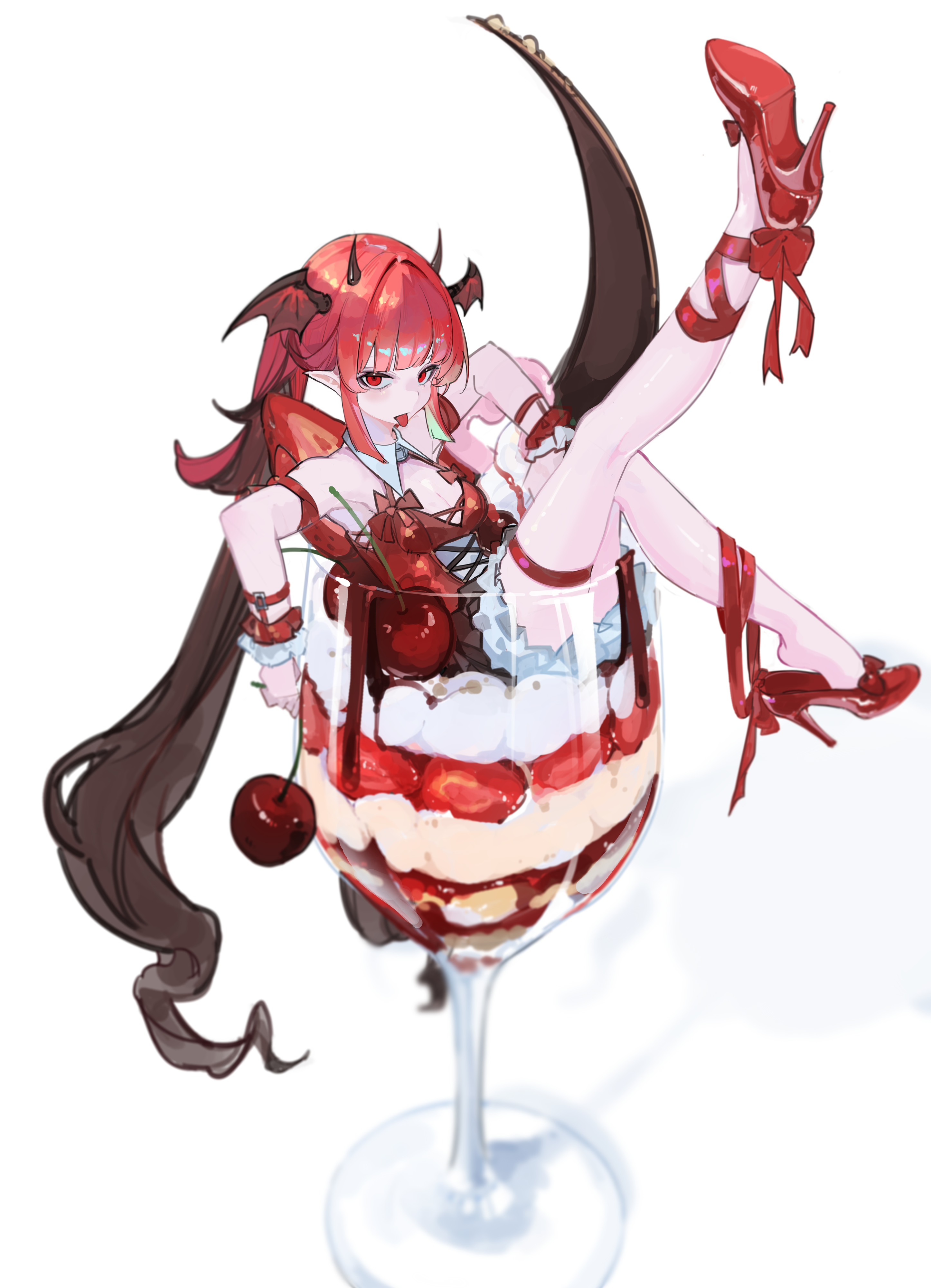 rakugaki suruhito, original, absurdres, highres, 1girl, black horns, bow, breasts, cherry, cleavage, cup, drinking glass, food, fruit, gradient hair, head wings, high heels, horns, long hair, multicolored hair, on food, parfait, pointy ears, red bow, red eyes, red hair, red ribbon, red shoes, ribbon, shoes, sitting, solo, strawberry, tongue, tongue out, wine glass, wings