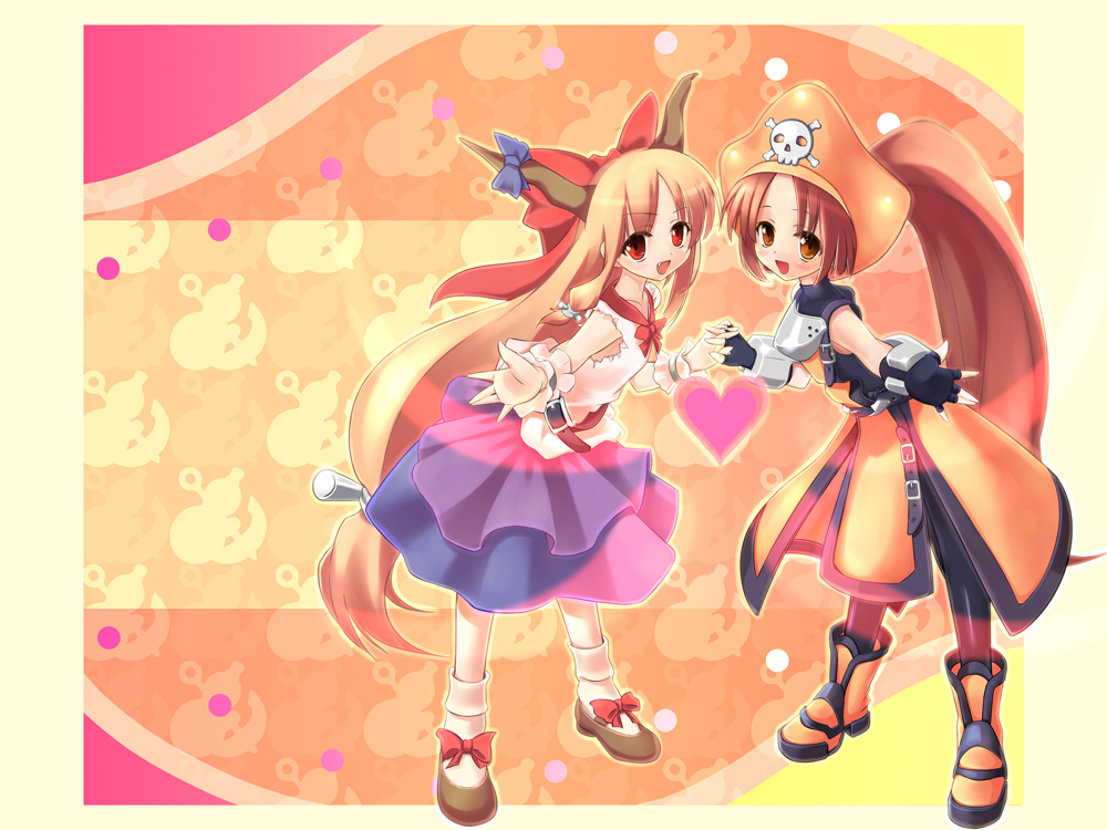 walkalone, ibuki suika, may (guilty gear), arc system works, guilty gear, touhou, 2girls, blonde hair, brown eyes, brown hair, crossover, fang, female focus, full body, gloves, hat, horns, looking at viewer, multiple girls, orange background, orange hat, pirate, pirate hat, red eyes, ribbon, skull and crossbones
