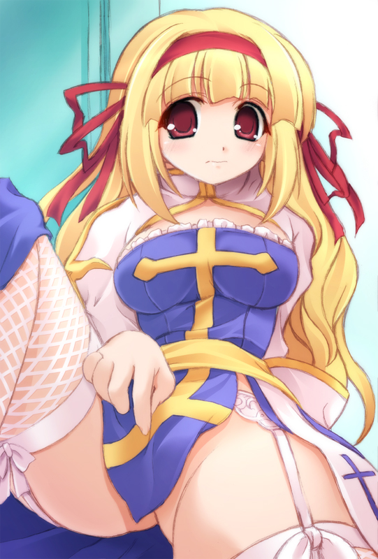 mini koala, arch bishop (ragnarok online), archbishop (ro), ragnarok online, blonde hair, fishnet thighhighs, fishnets, garter belt, no panties, red eyes, solo, thighhighs
