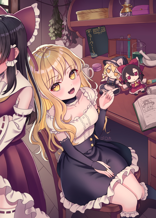 gorota, hakurei reimu, kirisame marisa, touhou, commentary request, 2girls, alternate costume, artist name, ascot, black choker, black skirt, black socks, blush, book, bow, breasts, bridal gauntlets, brown hair, character doll, choker, detached sleeves, doll, fang, frilled bow, frilled choker, frilled hair tubes, frilled skirt, frills, fumo (doll), hair bow, hair tubes, indoors, kneehighs, long hair, multiple girls, no headwear, open book, open mouth, red bow, red skirt, ribbon-trimmed sleeves, ribbon-trimmed thighhighs, ribbon trim, shirt, skin fang, skirt, skirt set, smile, socks, table, test tube, test tube rack, thighhighs, white shirt, white thighhighs, yellow ascot, yukkuri shiteitte ne