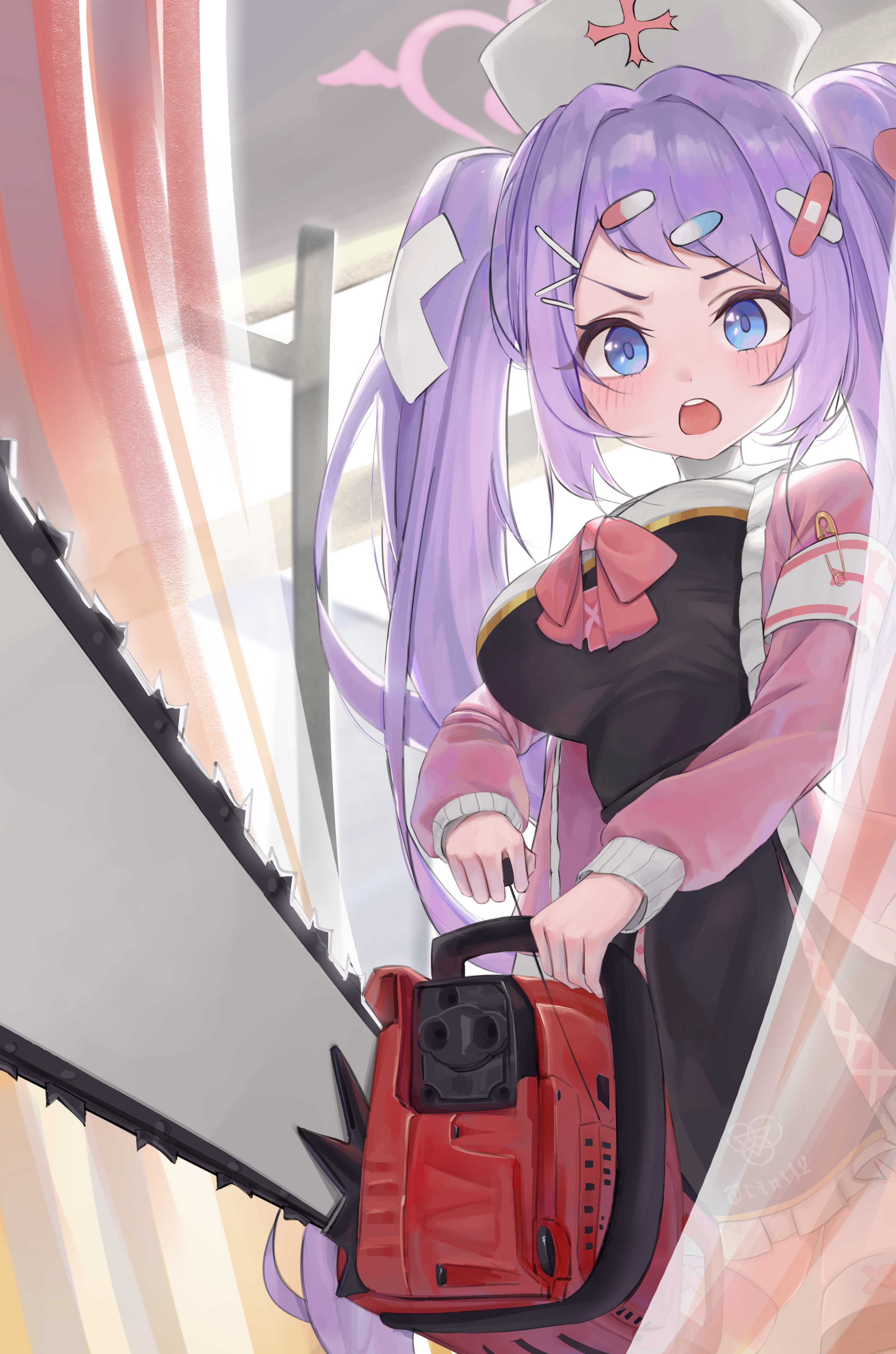 ubeuna, hanae (blue archive), blue archive, absurdres, commentary, highres, 1girl, armband, bandaid, bandaid hair ornament, blue eyes, blush, bow, bowtie, breasts, cardigan, chainsaw, cowboy shot, crossed bandaids, curtains, d:, day, dress, eyelashes, hair intakes, hair ornament, halo, hat, heart, heart halo, holding, holding chainsaw, indoors, large breasts, long hair, long sleeves, nurse cap, open cardigan, open clothes, open mouth, pill hair ornament, pink bow, pink bowtie, pink cardigan, pink halo, purple hair, school uniform, sidelocks, solo, swept bangs, tareme, teeth, twintails, upper teeth only, v-shaped eyebrows, very long hair, white armband, white dress, window