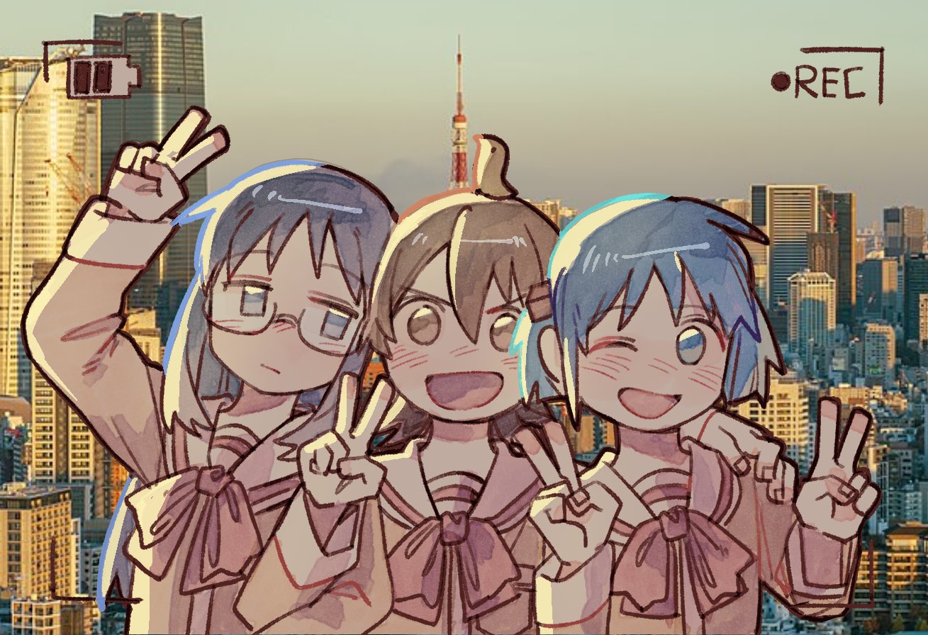 ezier, aioi yuuko, minakami mai, mogura (nichijou), naganohara mio, nichijou, 3girls, :d, black hair, blue eyes, blue hair, brown eyes, cube hair ornament, double v, friends, glasses, hair ornament, hand on another's shoulder, long hair, multiple girls, open mouth, photo background, school uniform, short hair, short twintails, smile, tokisadame school uniform, twintails, v, viewfinder