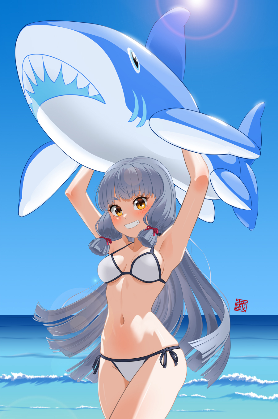 zosho, murakumo (kancolle), kantai collection, highres, 1girl, beach, bikini, breasts, day, grey hair, hair ribbon, inflatable shark, inflatable toy, long hair, looking at viewer, medium breasts, ocean, ribbon, shark, smile, solo, sunlight, swimsuit, water, white bikini