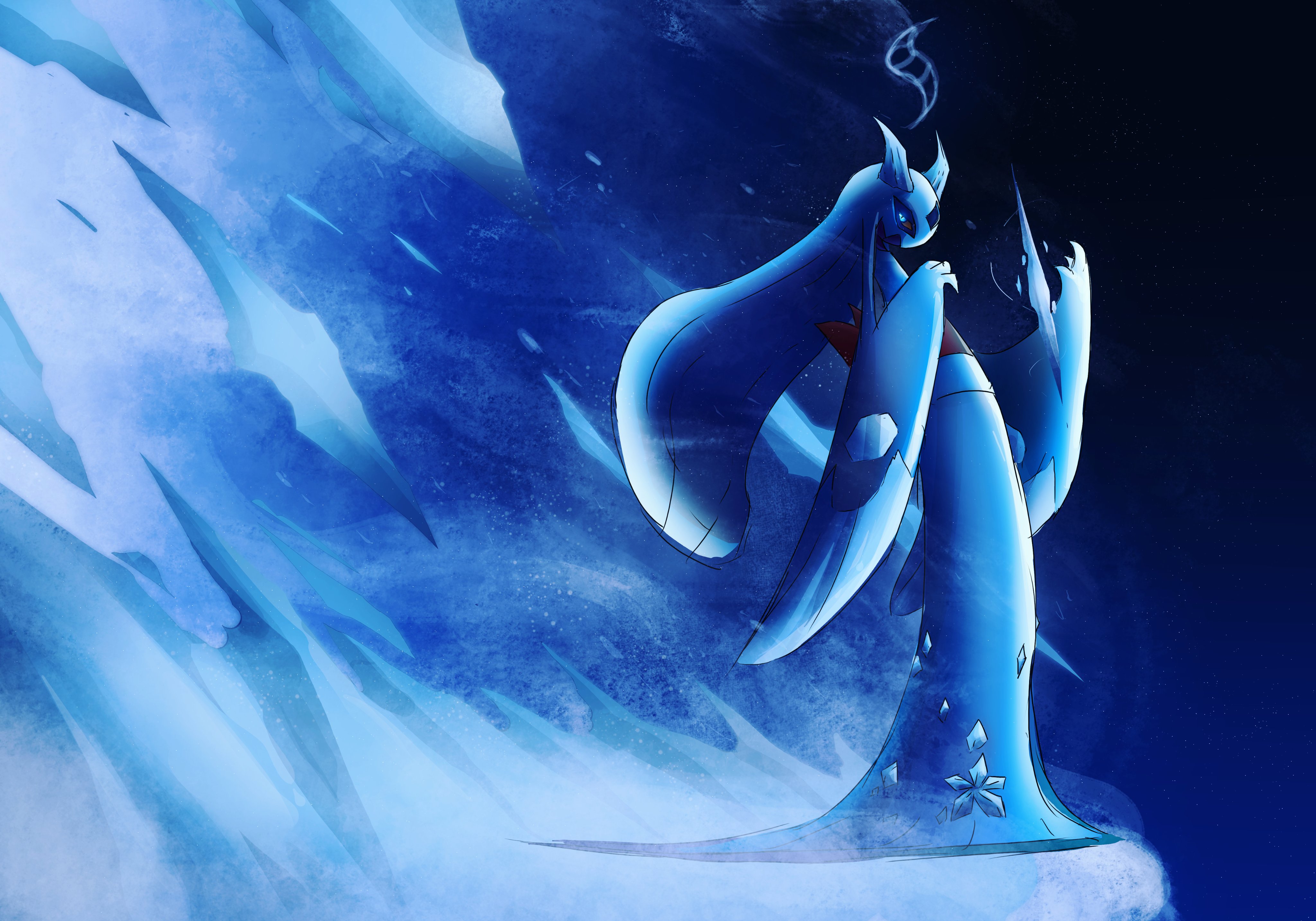 bones dio, froslass, mega froslass, nintendo, pokemon, absurdres, highres, blue eyes, blue sclera, colored sclera, full body, gen 4 pokemon, horns, ice, mega evolution symbol, mega pokemon, no humans, pokemon (creature), pokemon focus, solo