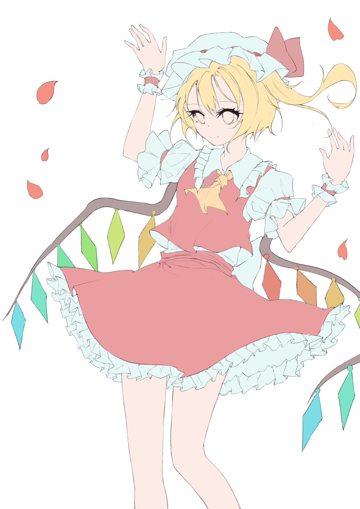 flandre scarlet, touhou, highres, 1girl, ascot, cowboy shot, crystal, crystal wings, falling petals, hand up, hat, hat ribbon, mob cap, petals, puffy short sleeves, puffy sleeves, red vest, ribbon, short sleeves, side ponytail, simple background, solo, vest, white background, wings, wrist cuffs, yellow ascot, yue ling (pixiv 91812246)