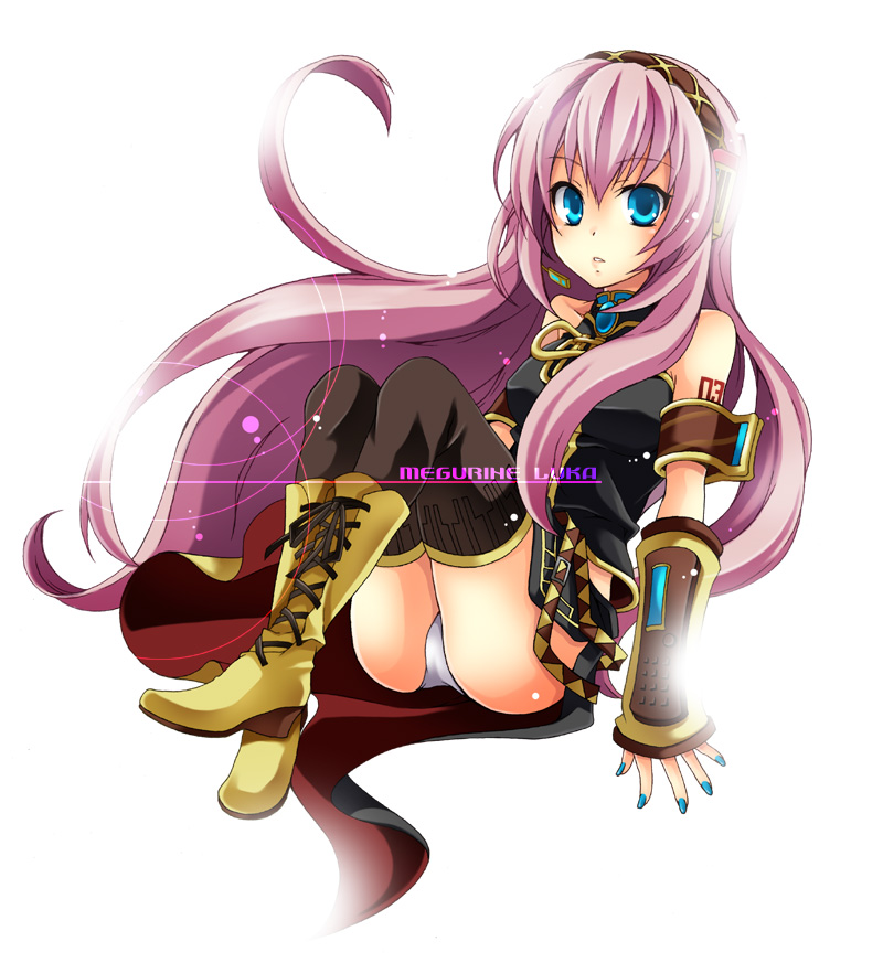kubyou azami, megurine luka, vocaloid, 1girl, blue eyes, female focus, long hair, panties, pantyshot, pink hair, solo, thighhighs, underwear