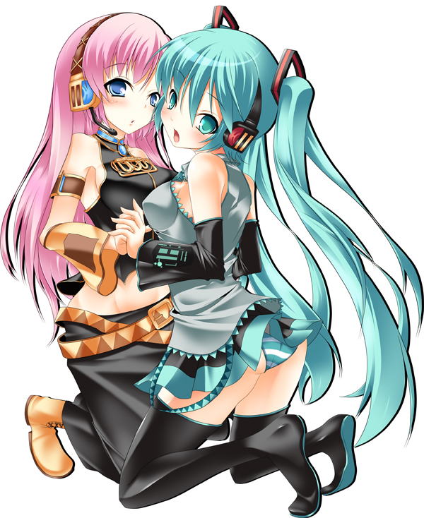 nana (732 kaiten), hatsune miku, megurine luka, vocaloid, 2girls, long hair, multiple girls, panties, striped clothes, striped panties, thighhighs, underwear, very long hair