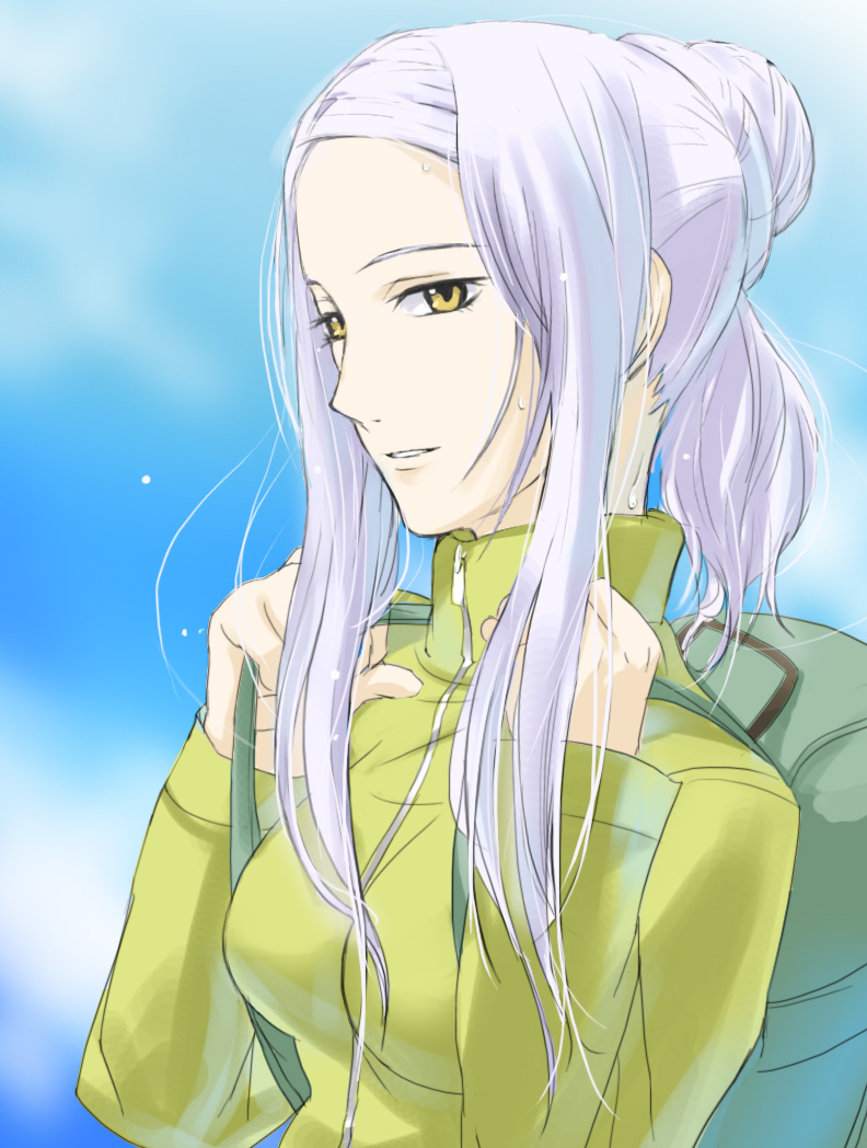 fura, marie parfacy, soma peries, gundam, gundam 00, silver hair, 00s, 1girl, backpack, bag, breasts, closed mouth, expressionless, female focus, large breasts, outdoors, ponytail, sidelocks, sky, solo, turtleneck, upper body, yellow eyes