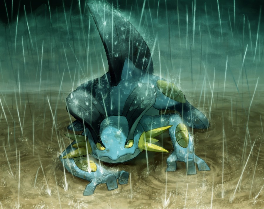 buttai, irima (doron), swampert, nintendo, pokemon, bad id, bad pixiv id, gen 3 pokemon, no humans, pokemon (creature), pokemon focus, rain, solo