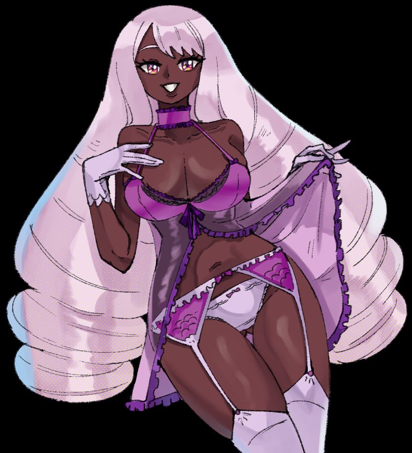 wanderjegson, jacinthe (pokemon), nintendo, pokemon, pokemon legends: z-a, 1girl, babydoll, babydoll lift, bra, breasts, dark-skinned female, dark skin, drill hair, garter belt, garter straps, gloves, gluteal fold, halterneck, lace, lace-trimmed babydoll, lace-trimmed bra, lace-trimmed garter belt, lace-trimmed panties, lace trim, large breasts, lingerie, looking at viewer, low drills, panties, purple babydoll, purple bra, purple gloves, purple hair, purple panties, purple thighhighs, see-through clothes, smile, solo, thighhighs, twin drills, underwear, very dark skin