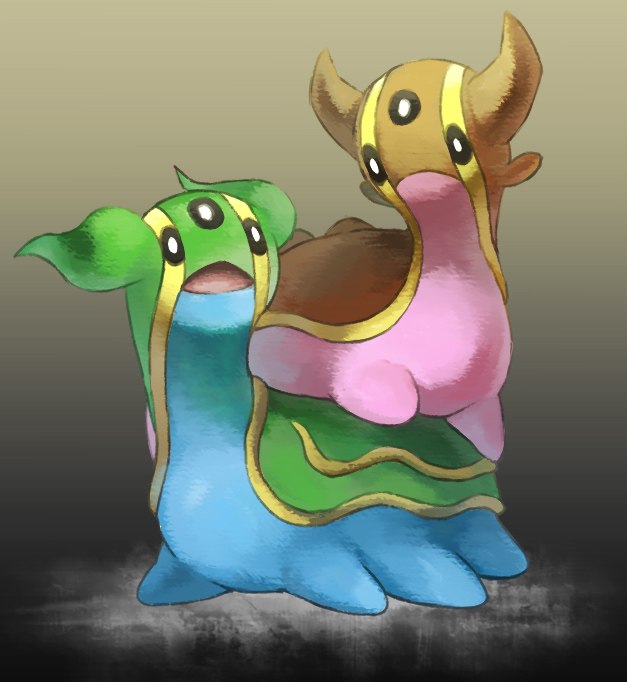 buttai, irima (doron), gastrodon, gastrodon (east), gastrodon (west), nintendo, pokemon, bad id, bad pixiv id, :d, creature, full body, gen 4 pokemon, girl on top, no humans, open mouth, pokemon (creature), smile