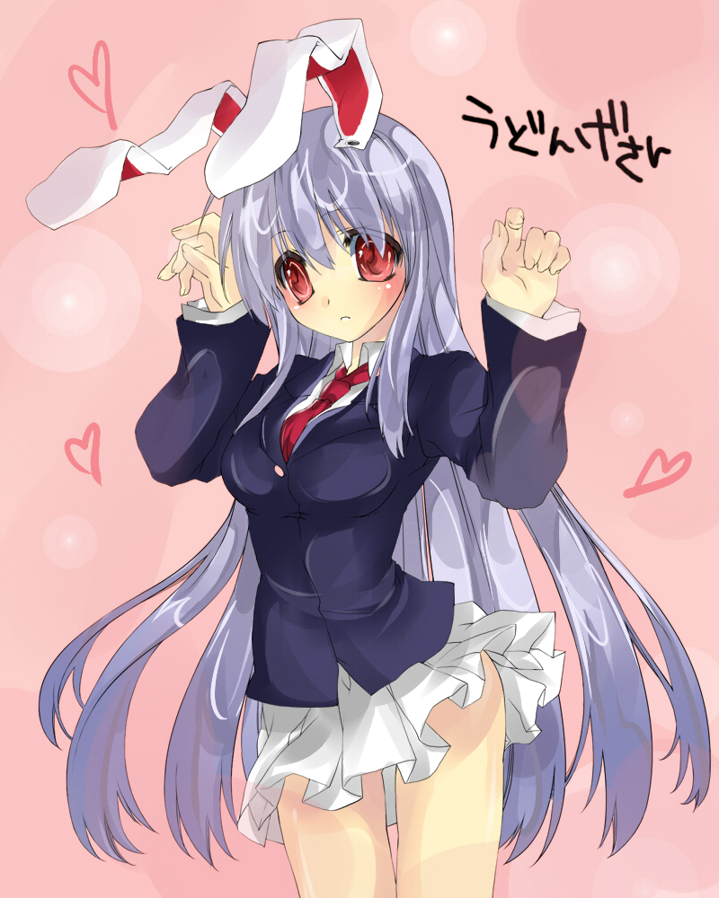 matsurizaki, reisen udongein inaba, touhou, light purple hair, bad id, bad pixiv id, 1girl, animal ears, blazer, breasts, clothes lift, female focus, heart, jacket, medium breasts, miniskirt, necktie, purple hair, rabbit ears, red eyes, red necktie, skirt, skirt lift, solo