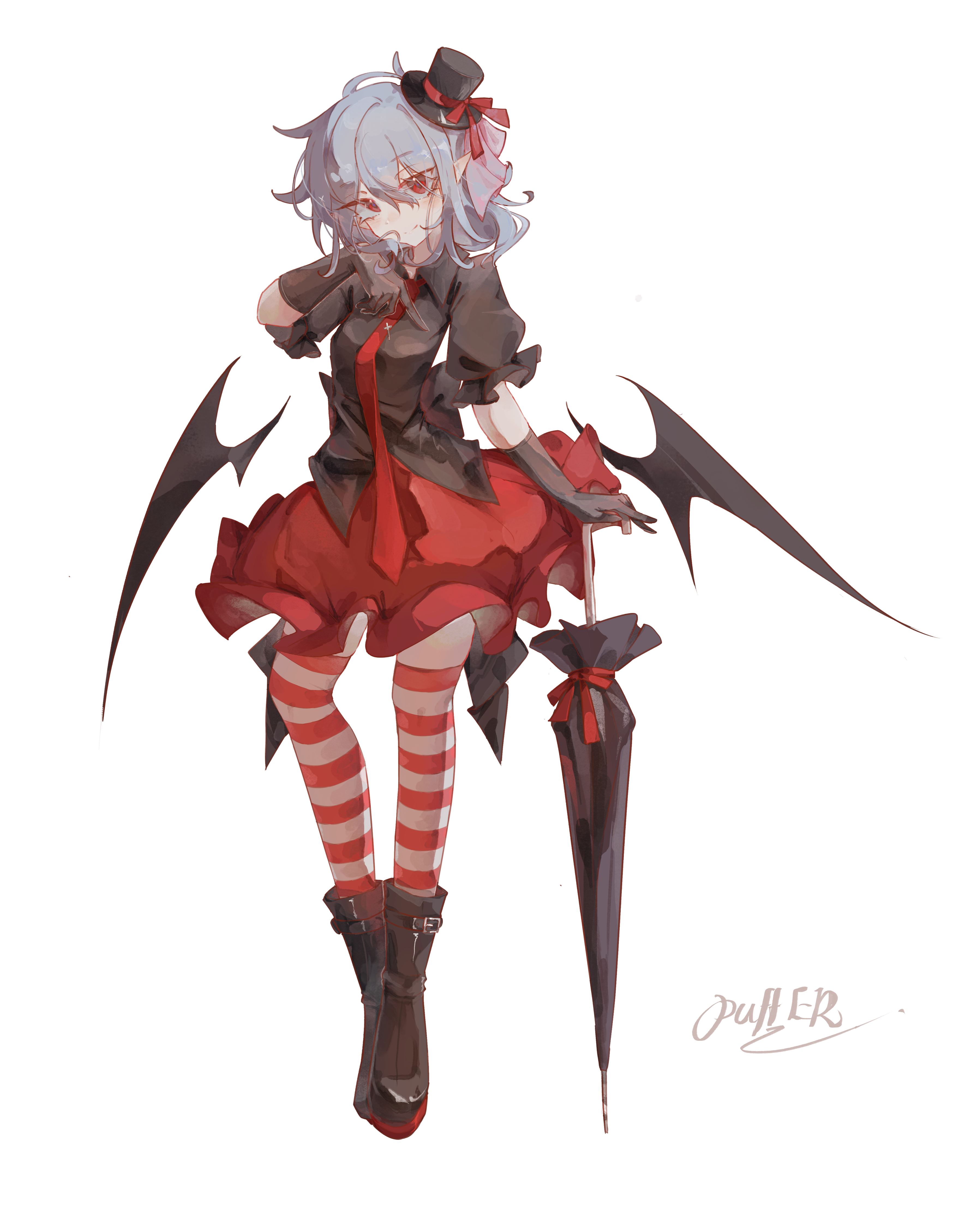 remilia scarlet, remilia scarlet (grand opening hostess), touhou, touhou lostword, absurdres, highres, 1girl, alternate costume, alternate headwear, bat wings, black boots, black gloves, black hat, black shirt, black umbrella, blue hair, boots, closed mouth, closed umbrella, clothing cutout, elbow gloves, frilled skirt, frills, full body, gloves, hat, holding, holding umbrella, looking at viewer, mini hat, mini top hat, necktie, red eyes, red necktie, red skirt, shirt, short hair, simple background, skirt, smile, solo, striped clothes, striped thighhighs, thighhighs, top hat, transparent background, umbrella, white background, wings, wumingshi79670