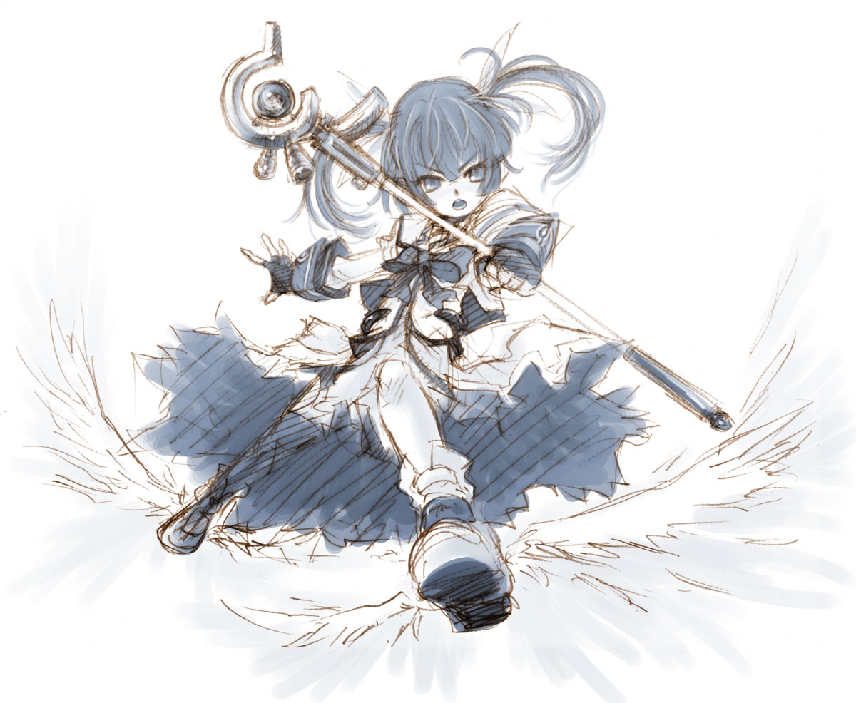ryou (shirotsumesou), raising heart, raising heart (accel mode), takamachi nanoha, takamachi nanoha (sacred mode), lyrical nanoha, mahou shoujo lyrical nanoha, mahou shoujo lyrical nanoha a's, 00s, 1girl, blue theme, female focus, monochrome, ribbon, short hair, solo, twintails, wings