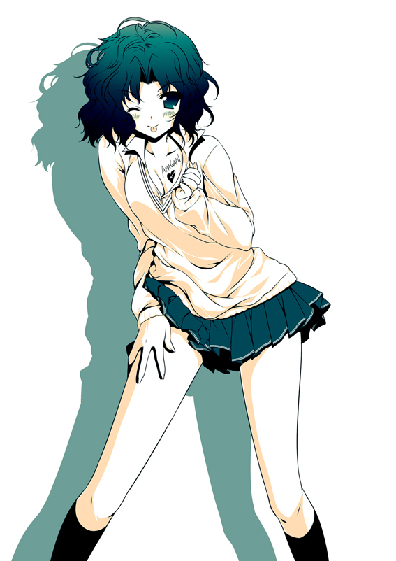 shouna mitsuishi, tanamachi kaoru, amagami, 1girl, :p, blue eyes, blue hair, clothes lift, curly hair, female focus, matching hair/eyes, miniskirt, one eye closed, pleated skirt, school uniform, short hair, skirt, skirt lift, smile, socks, solo, tongue, tongue out, wavy hair, wink