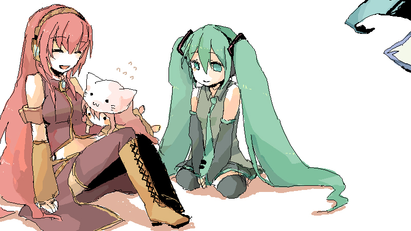 genmai, hatsune miku, megurine luka, megurine luka (toeto), toeto (vocaloid), vocaloid, 2girls, animal hat, aqua hair, cat hat, hat, laughing, long hair, multiple girls, oekaki, smile, thighhighs, twintails, very long hair