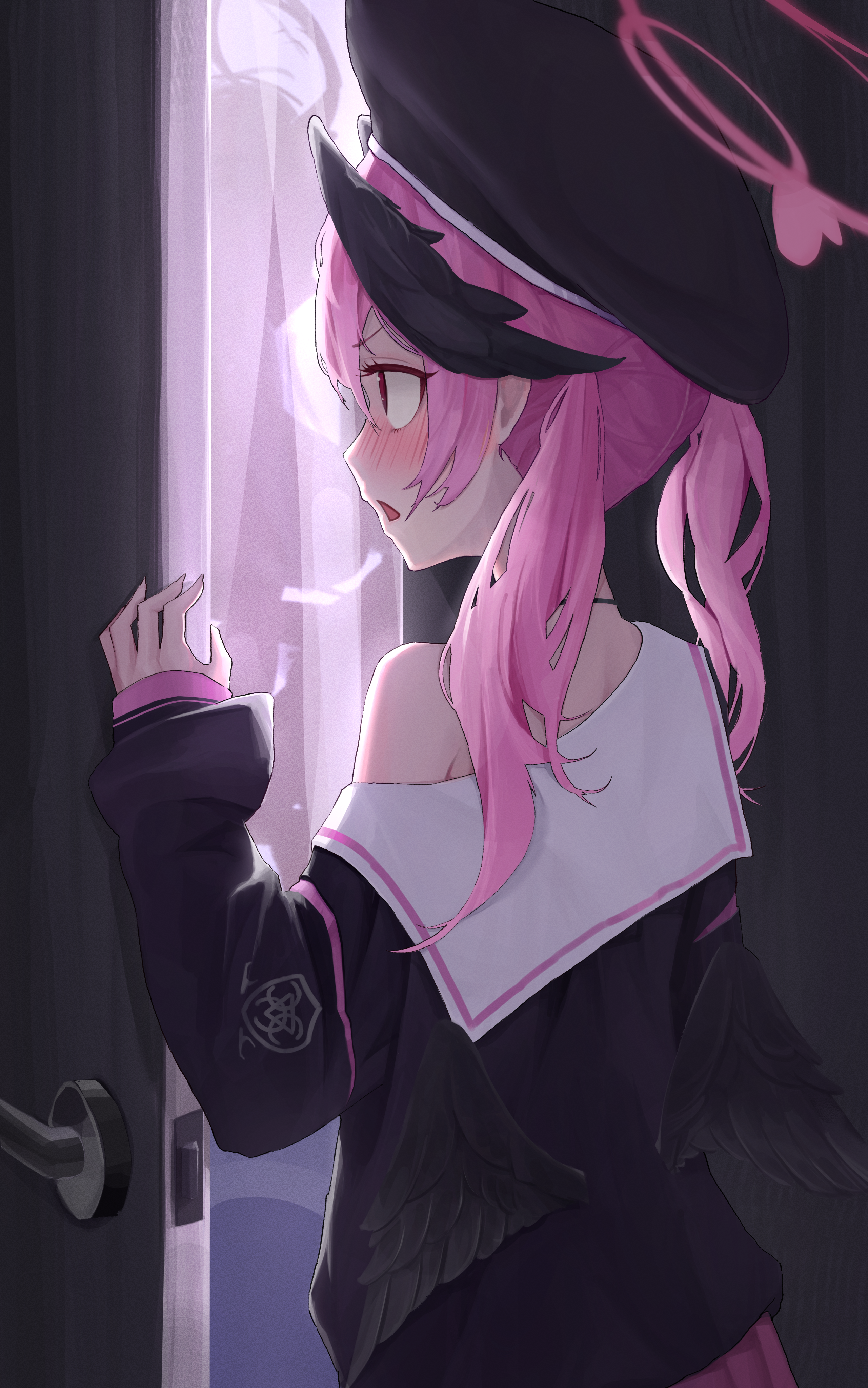 ubeuna, koharu (blue archive), blue archive, absurdres, commentary, highres, 1girl, backlighting, beret, black choker, black hat, black shirt, black wings, blush, choker, eyelashes, feathered wings, from behind, hair between eyes, halo, hand up, hat, head wings, long hair, looking ahead, low wings, nose blush, open door, open mouth, peeking, pink hair, pink halo, profile, red eyes, sailor collar, school uniform, serafuku, shirt, single bare shoulder, sleeves past wrists, solo, trinity general school logo, twintails, upper body, v-shaped eyebrows, voyeurism, white sailor collar, wings
