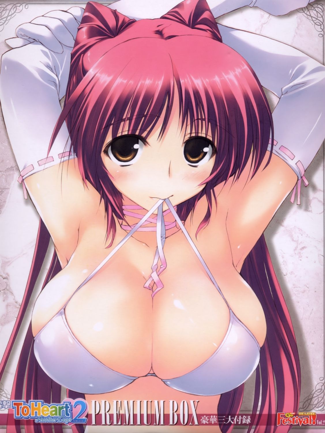 amazuyu tatsuki, kousaka tamaki, to heart (series), to heart 2, highres, 00s, 1girl, armpits, arms up, bikini, bikini in mouth, blush, breasts, brown eyes, clothes in mouth, elbow gloves, female focus, gloves, large breasts, long hair, mouth hold, red hair, solo, swimsuit
