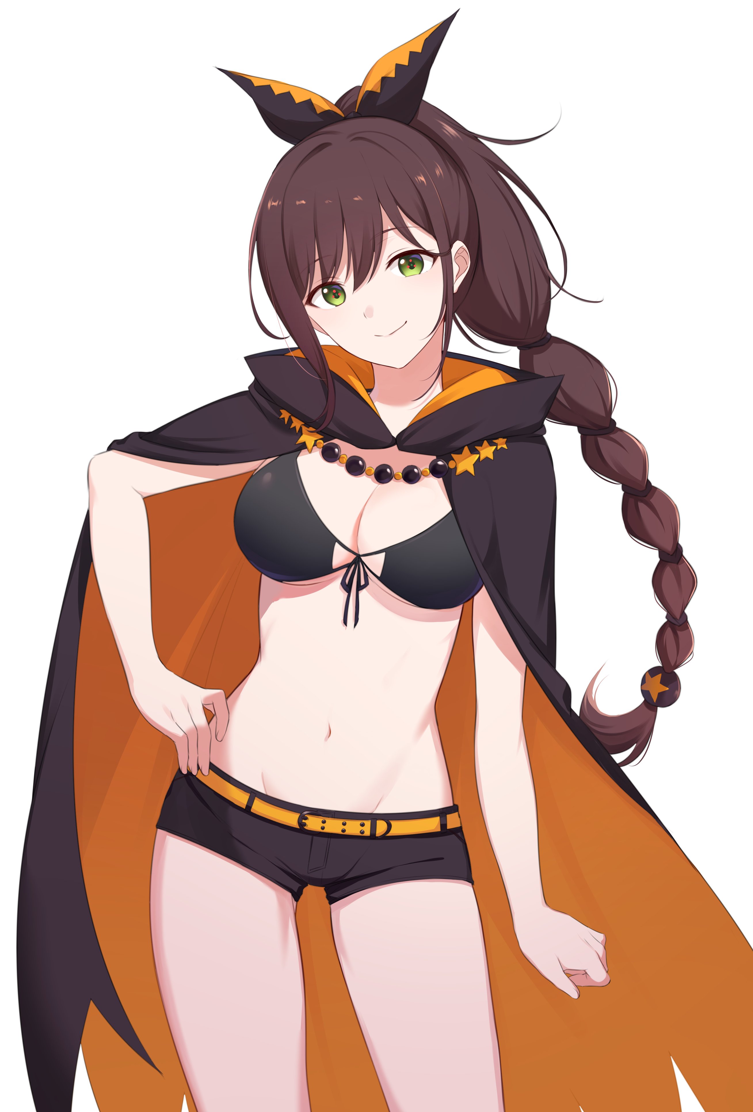 mikami (nemu mohu), shaula (re:zero), re:zero kara hajimeru isekai seikatsu, absurdres, highres, 1girl, bikini, black bikini, black cape, black shorts, cape, green eyes, hand on own hip, long hair, looking at viewer, ponytail, short shorts, shorts, smile, star (symbol), swimsuit, very long hair