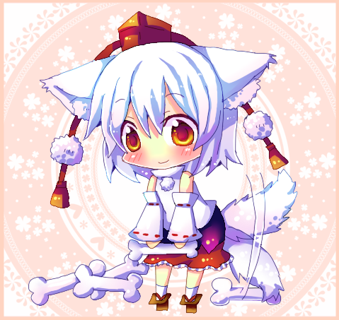 chocolat (momoiro piano), inubashiri momiji, touhou, lowres, 1girl, animal ears, bone, chibi, female focus, solo, tail, tail wagging, wolf ears, wolf tail