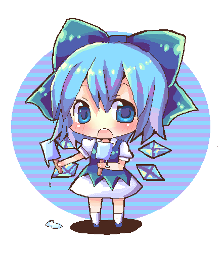 chocolat (momoiro piano), cirno, shoot the bullet, touhou, 1girl, blue eyes, blue hair, bow, chibi, dress, female focus, food, full body, hair bow, matching hair/eyes, popsicle, simple background, solo, white background, wings