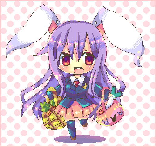 chocolat (momoiro piano), reisen udongein inaba, touhou, duplicate, 1girl, animal ears, basket, chibi, female focus, full body, rabbit ears, solo, standing, thighhighs, white background