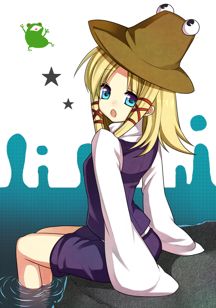 masaru.jp, moriya suwako, touhou, bad id, bad pixiv id, 1girl, blonde hair, blue eyes, female focus, frog, hat, sitting, skirt, soaking feet, solo, water
