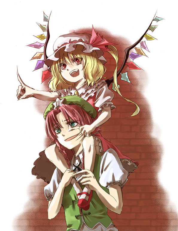 shippori, shishou, flandre scarlet, hong meiling, embodiment of scarlet devil, touhou, 2girls, :d, blonde hair, carrying, china dress, chinese clothes, crystal, dress, female focus, hat, mob cap, multiple girls, open mouth, pointing, puffy short sleeves, puffy sleeves, red dress, red eyes, red hair, short sleeves, shoulder carry, simple background, smile, vampire, white background