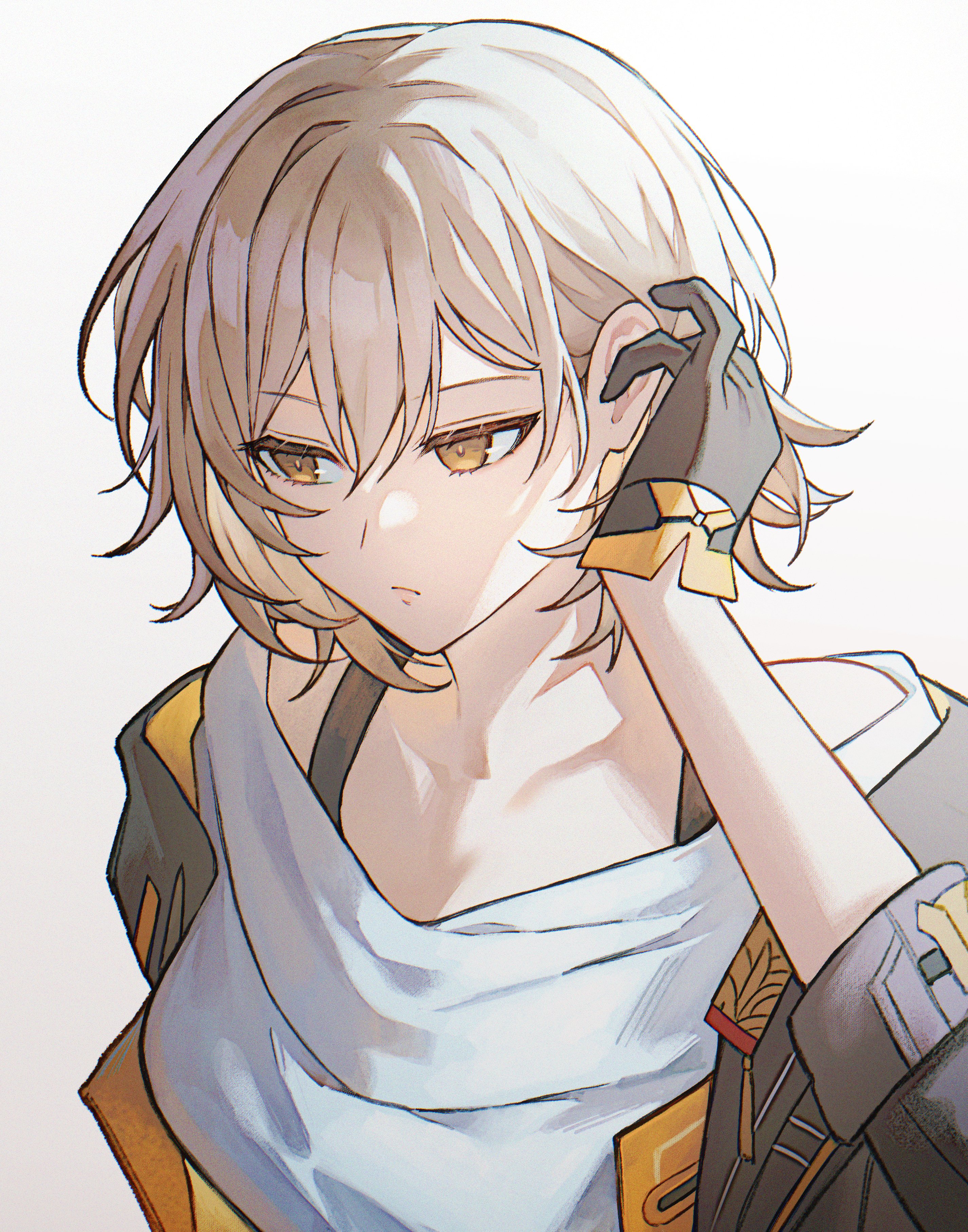 ikasuyosei, stelle (honkai: star rail), trailblazer (honkai: star rail), honkai: star rail, honkai (series), absurdres, commentary request, highres, 1girl, alternate hair length, alternate hairstyle, black coat, black gloves, closed mouth, coat, collarbone, gloves, grey hair, hair behind ear, looking down, shirt, short hair, simple background, solo, upper body, white background, white shirt, yellow eyes