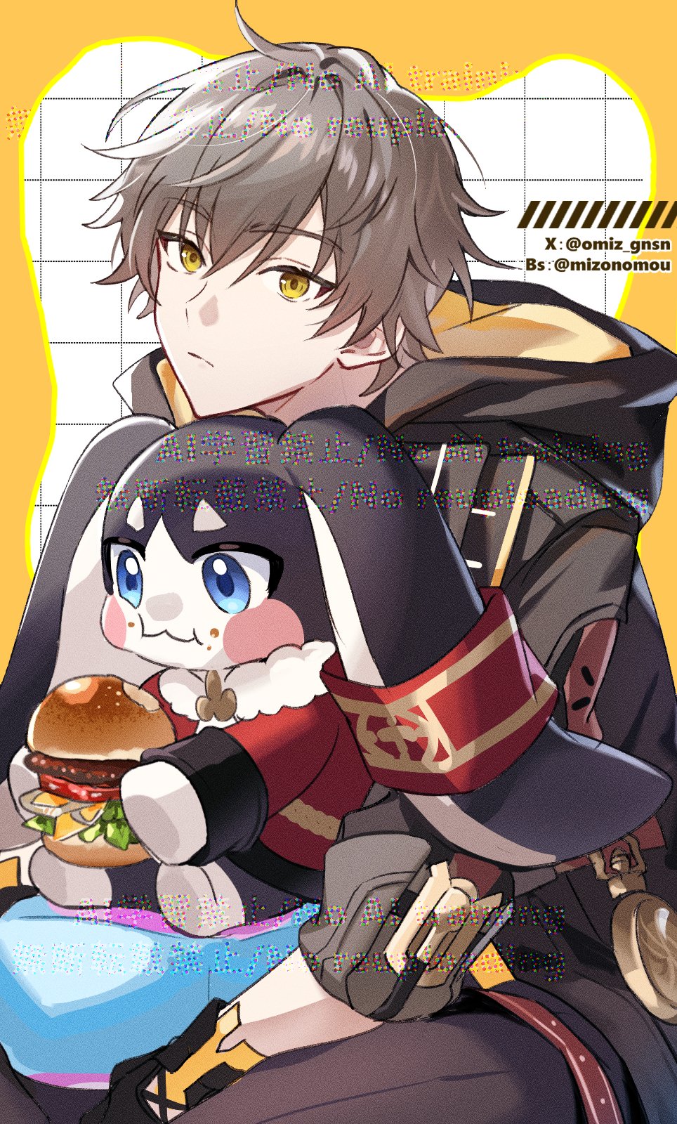 miz (mi), caelus (honkai: star rail), pom-pom (honkai: star rail), trailblazer (honkai: star rail), honkai: star rail, honkai (series), highres, 1boy, 1other, animal ears, black coat, blue eyes, burger, coat, eating, food, grey hair, hood, hooded coat, lop rabbit ears, multicolored eyes, rabbit ears, twitter username, two-sided coat, two-sided fabric, two-tone eyes, yellow eyes