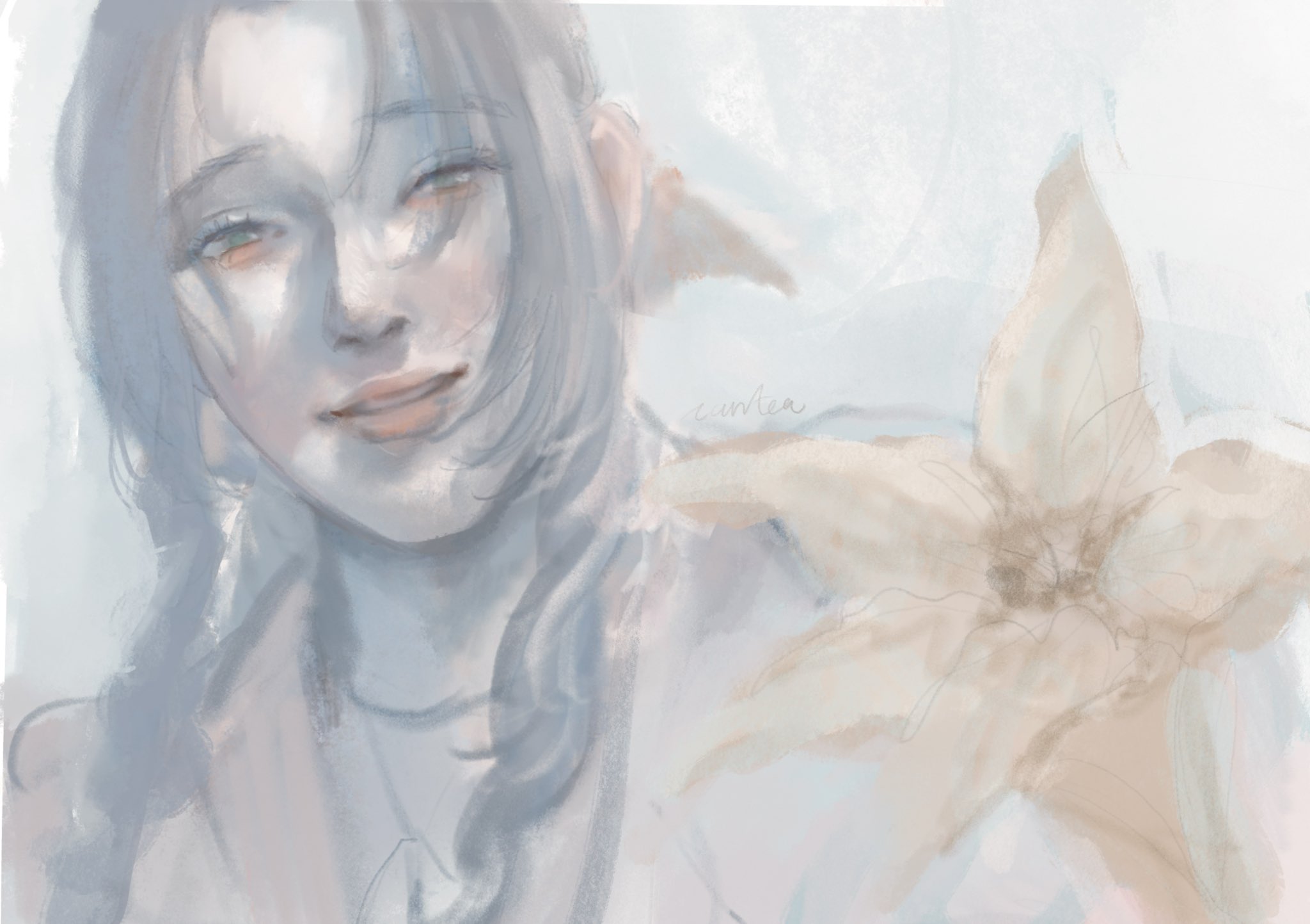canteatea, aerith gainsborough, final fantasy, final fantasy vii, final fantasy vii rebirth, final fantasy vii remake, highres, 1girl, brown hair, choker, flower, hair ribbon, holding, holding flower, jacket, light smile, lily (flower), long hair, looking at viewer, parted bangs, parted lips, pink ribbon, red jacket, ribbon, sidelocks, sketch, solo, upper body, yellow flower