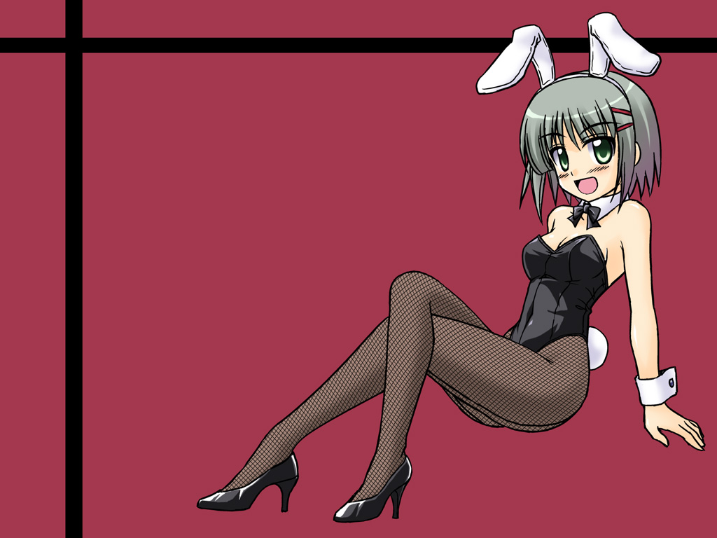 masakichi (crossroad), aizawa sakuya, hayate no gotoku!, 00s, animal ears, fake animal ears, fishnet pantyhose, fishnets, green eyes, grey hair, high heels, pantyhose, playboy bunny, rabbit ears, shoes, short hair, solo