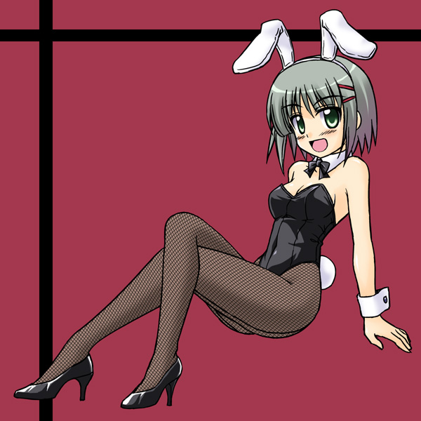 masakichi (crossroad), aizawa sakuya, hayate no gotoku!, 00s, animal ears, crossed legs, fake animal ears, fishnet pantyhose, fishnets, green eyes, grey hair, pantyhose, playboy bunny, rabbit ears, short hair, sitting, solo