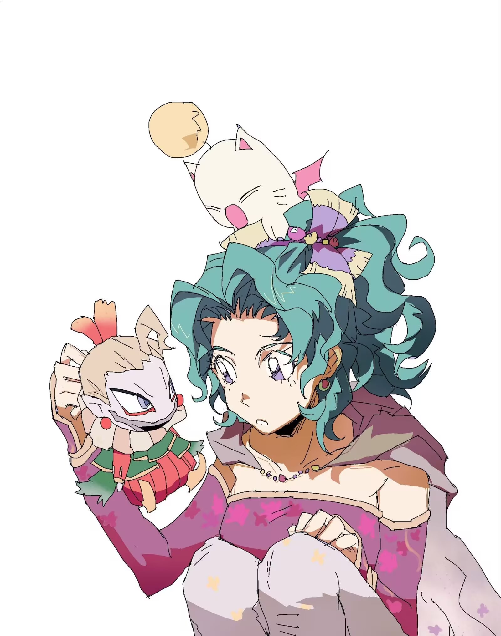 cefca palazzo, moogle, tina branford, final fantasy, final fantasy vi, highres, 1boy, 1girl, blonde hair, breasts, creature, creature on head, detached sleeves, dress, gold trim, green hair, hair ribbon, long hair, looking at another, medium breasts, meow mok, pantyhose, parted bangs, parted lips, pink dress, pink sleeves, pointy ears, ponytail, print pantyhose, purple eyes, purple ribbon, ribbon, sketch, squatting, strapless, strapless dress, tube dress, wavy hair