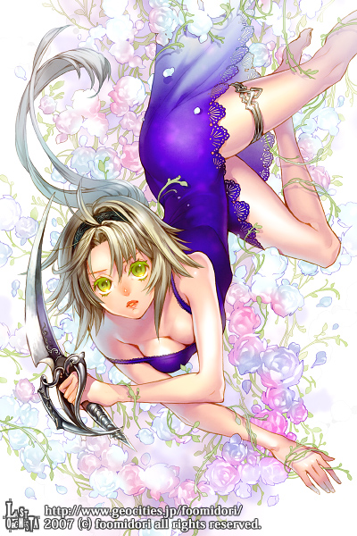 midori foo, 1girl, barefoot, blonde hair, breasts, cleavage, dagger, dress, feathers, female focus, flower, green eyes, knife, lipstick, lying, makeup, medium breasts, plant, short hair, solo, vines, weapon