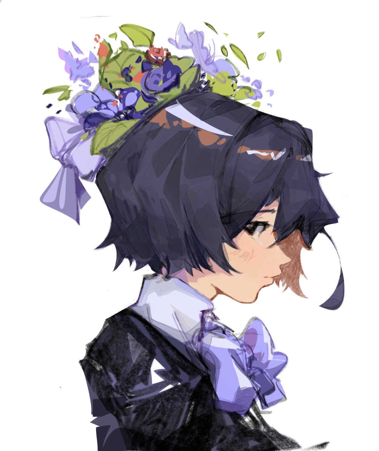 blue picmi, misaki mei, another, commentary, english commentary, highres, 1girl, alternate costume, black dress, black eyes, black hair, bow, bowtie, closed mouth, dress, looking at viewer, profile, purple bow, purple bowtie, simple background, solo, white background