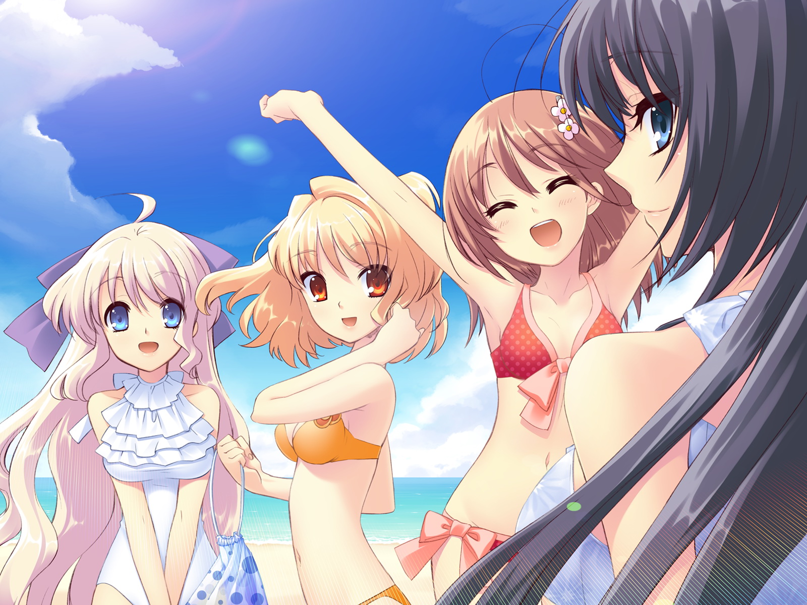 ito noizi, inaba yui, minase sakurako, shirasagi mayuri, sumeragi amane (flyable heart), flyable heart, game cg, highres, 4girls, ahoge, arms up, beach, bikini, black hair, blonde hair, blue eyes, bow, brown hair, day, hair bow, long hair, multiple girls, open mouth, outdoors, outstretched arms, polka dot, polka dot bikini, polka dot swimsuit, short hair, smile, stretching, swimsuit, water