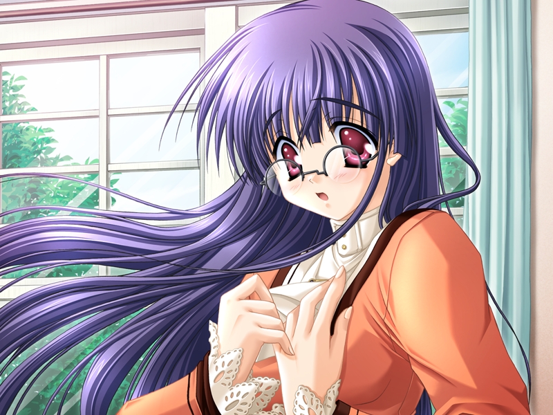 arisue tsukasa, ipponyari tamayo, usotsuki wa tenshi no hajimari, game cg, non-web source, 1girl, black-framed eyewear, glasses, long hair, open mouth, over-rim eyewear, purple hair, red eyes, semi-rimless eyewear