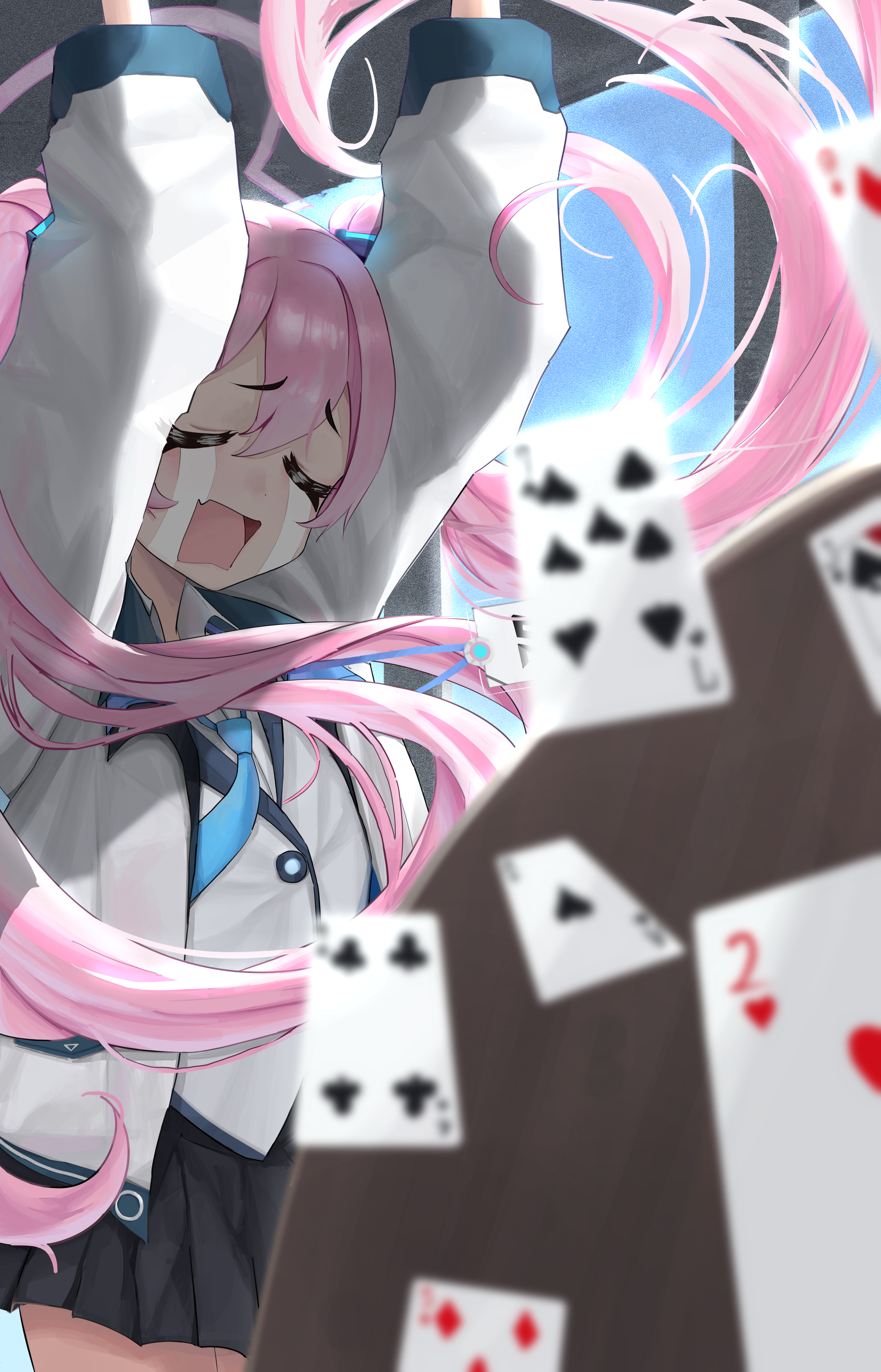 ubeuna, koyuki (blue archive), blue archive, absurdres, commentary, highres, 1girl, arms up, backlighting, black skirt, blue necktie, blurry, card, closed eyes, collared shirt, cowboy shot, crying, day, defeat, depth of field, double-parted bangs, fang, floating card, floating hair, furrowed brow, hair between eyes, id card, indoors, jacket, long hair, long sleeves, miniskirt, necktie, open clothes, open jacket, open mouth, pink hair, pleated skirt, rectangular mouth, shirt, skin fang, skirt, solo, streaming tears, table, table flip, tears, thick eyebrows, twintails, very long hair, white jacket, white shirt, window