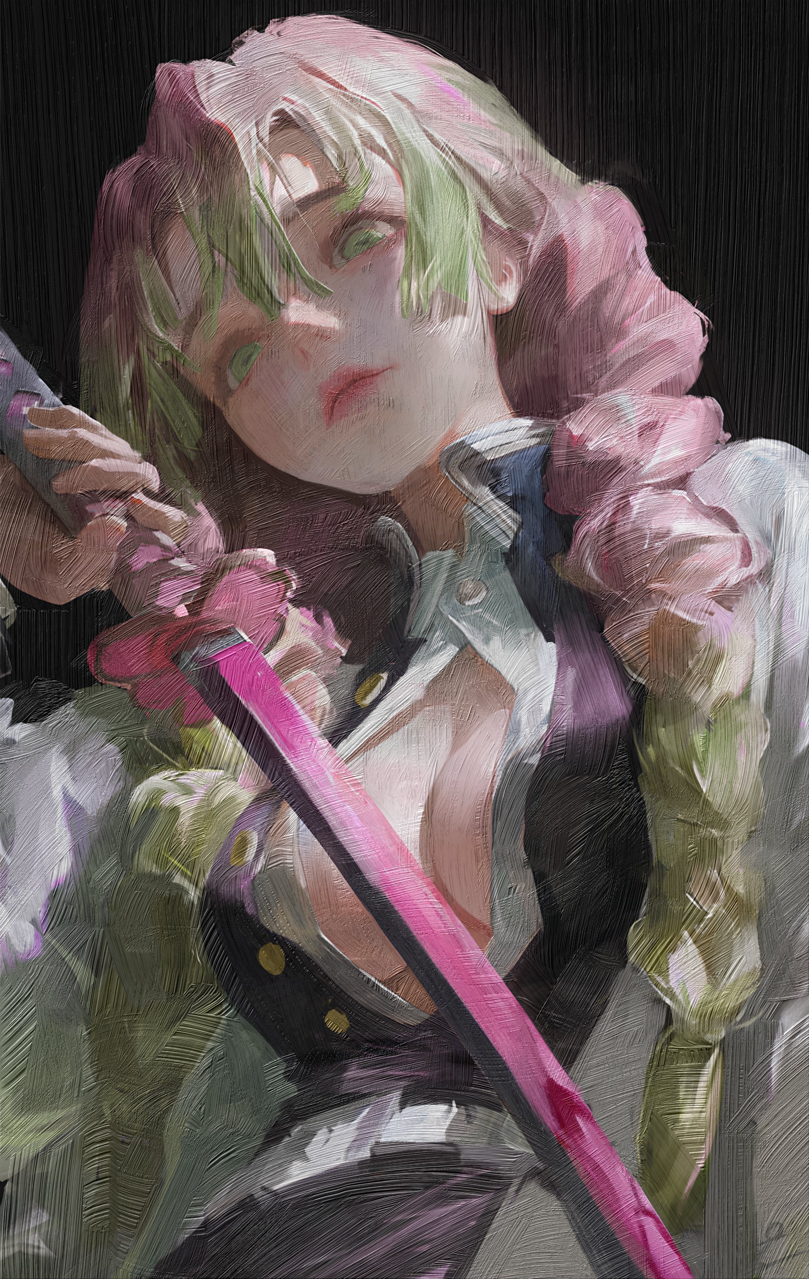 daodtt, kanroji mitsuri, kimetsu no yaiba, absurdres, hashtag-only commentary, highres, 1girl, belt, black background, black jacket, blood, bloody weapon, braid, breasts, cleavage, closed mouth, demon slayer uniform, gradient hair, green eyes, green hair, hair between eyes, haori, holding, holding sword, holding weapon, jacket, japanese clothes, katana, large breasts, long hair, long sleeves, looking at viewer, mole, mole under eye, multicolored hair, open clothes, painterly, partially unbuttoned, pink hair, pink lips, shirt, solo, sword, tri braids, twin braids, two-tone hair, upper body, weapon, whip sword, white belt, white shirt