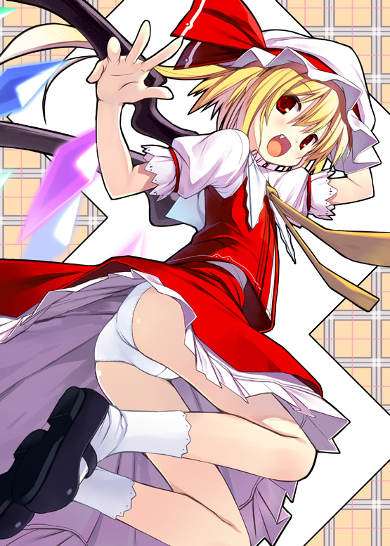 poco (asahi age), flandre scarlet, touhou, 1girl, black shoes, blouse, female focus, hair between eyes, hat, mob cap, panties, pantyshot, ponytail, shirt, shoes, socks, solo, underwear, white hat, white shirt, white socks