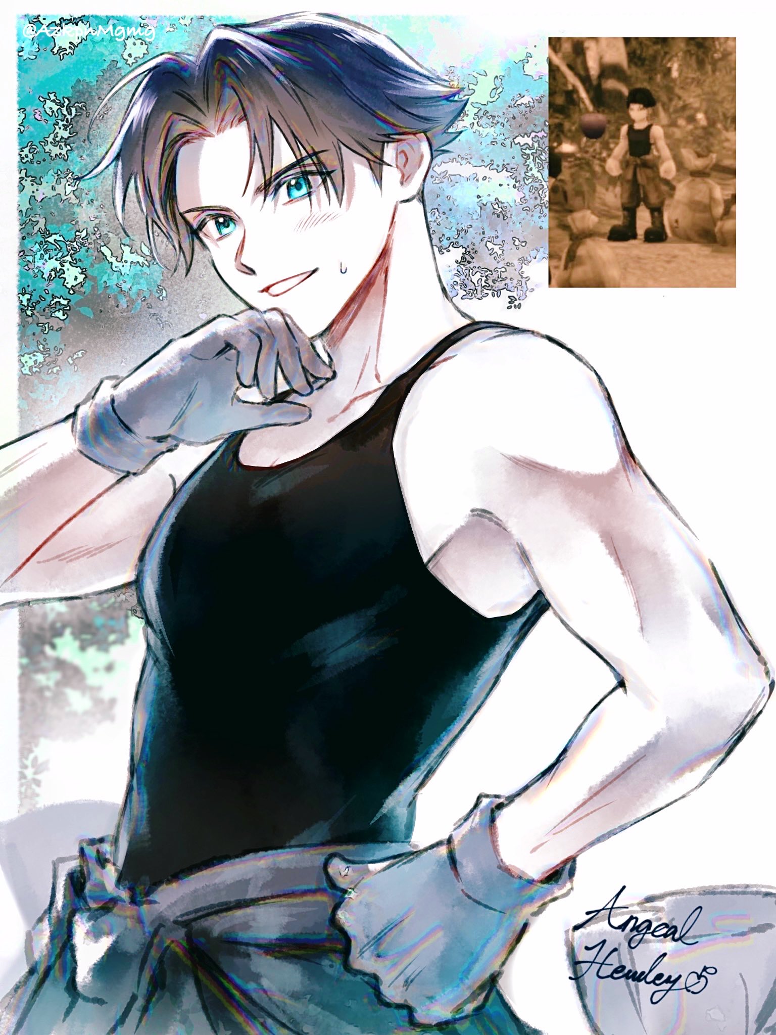 3wa tari, angeal hewley, final fantasy, final fantasy vii, final fantasy vii ever crisis, highres, bare shoulders, black hair, black tank top, blue eyes, character name, clothes around waist, game screenshot inset, gloves, hand on own hip, light blush, light smile, official alternate costume, parted bangs, parted lips, shirt, shirt around waist, short hair, sweat, tank top, toned, toned male, upper body, wiping mouth