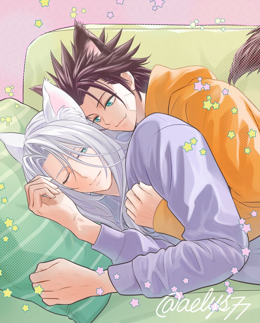 aelys77, sephiroth, zack fair, zack fair (black hound), final fantasy, final fantasy vii, final fantasy vii ever crisis, 2boys, animal ear fluff, animal ears, bandaid, bandaid on cheek, bandaid on face, black hair, blue eyes, couch, dog ears, dog tail, grey hair, grey sweater, hood, hood down, hoodie, hug, hug from behind, kemonomimi mode, long hair, male focus, medium hair, multiple boys, official alternate costume, one eye closed, orange hoodie, parted bangs, pillow, sideburns, smile, sweater, tail, twitter username