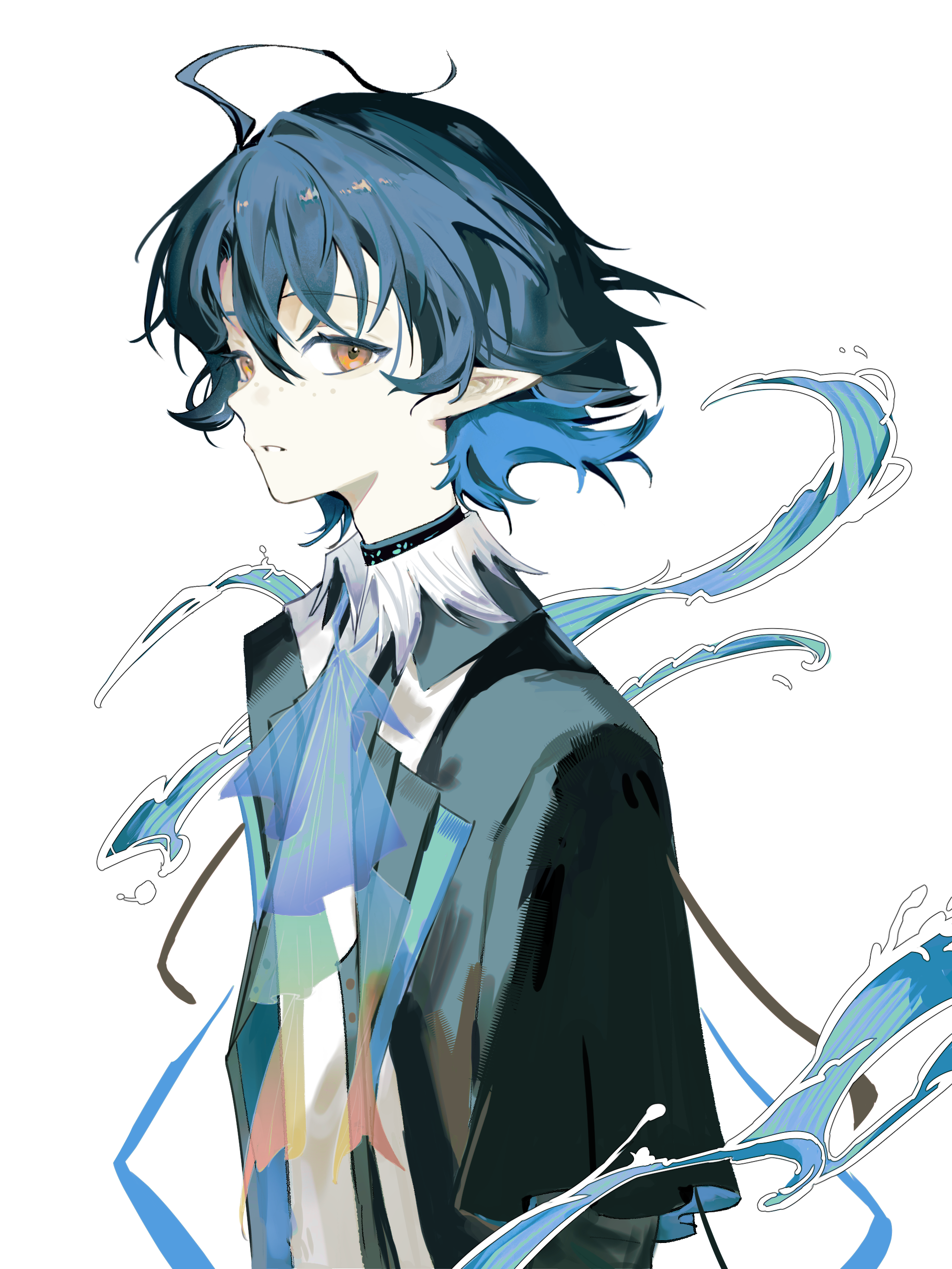 infection monitor (arknights), lumen (arknights), arknights, absurdres, chinese commentary, commentary request, highres, 1boy, black hair, black jacket, blue hair, freckles, hair between eyes, jacket, looking at viewer, male focus, multicolored hair, orange eyes, parted lips, pointy ears, rrredamancy, short hair, simple background, solo, streaked hair, upper body, water, white background