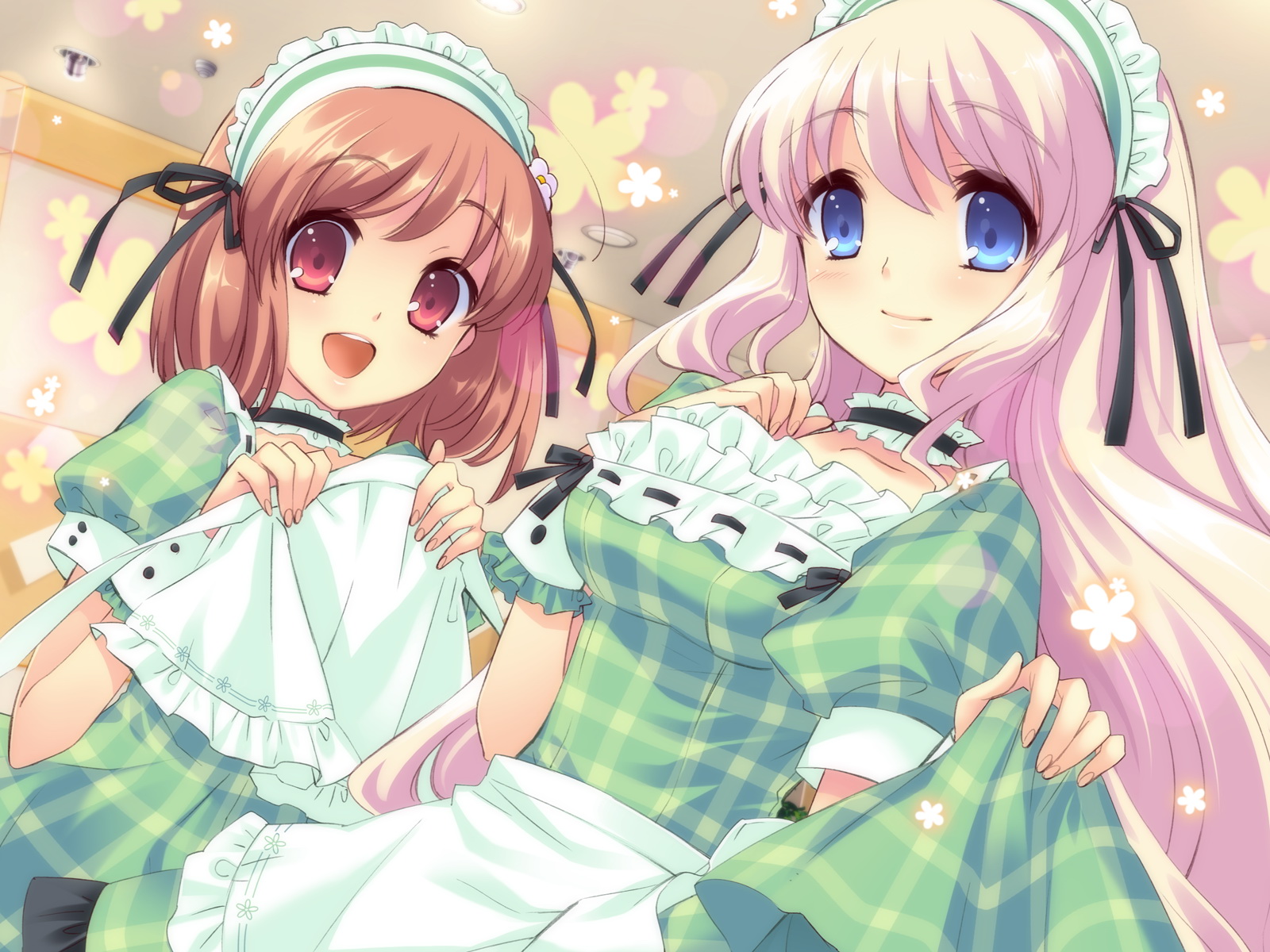 ito noizi, inaba yui, minase sakurako, flyable heart, game cg, highres, 2girls, apron, blue eyes, brown hair, clothes lift, long hair, maid, maid apron, multiple girls, open mouth, pink hair, short hair, skirt, skirt lift, smile