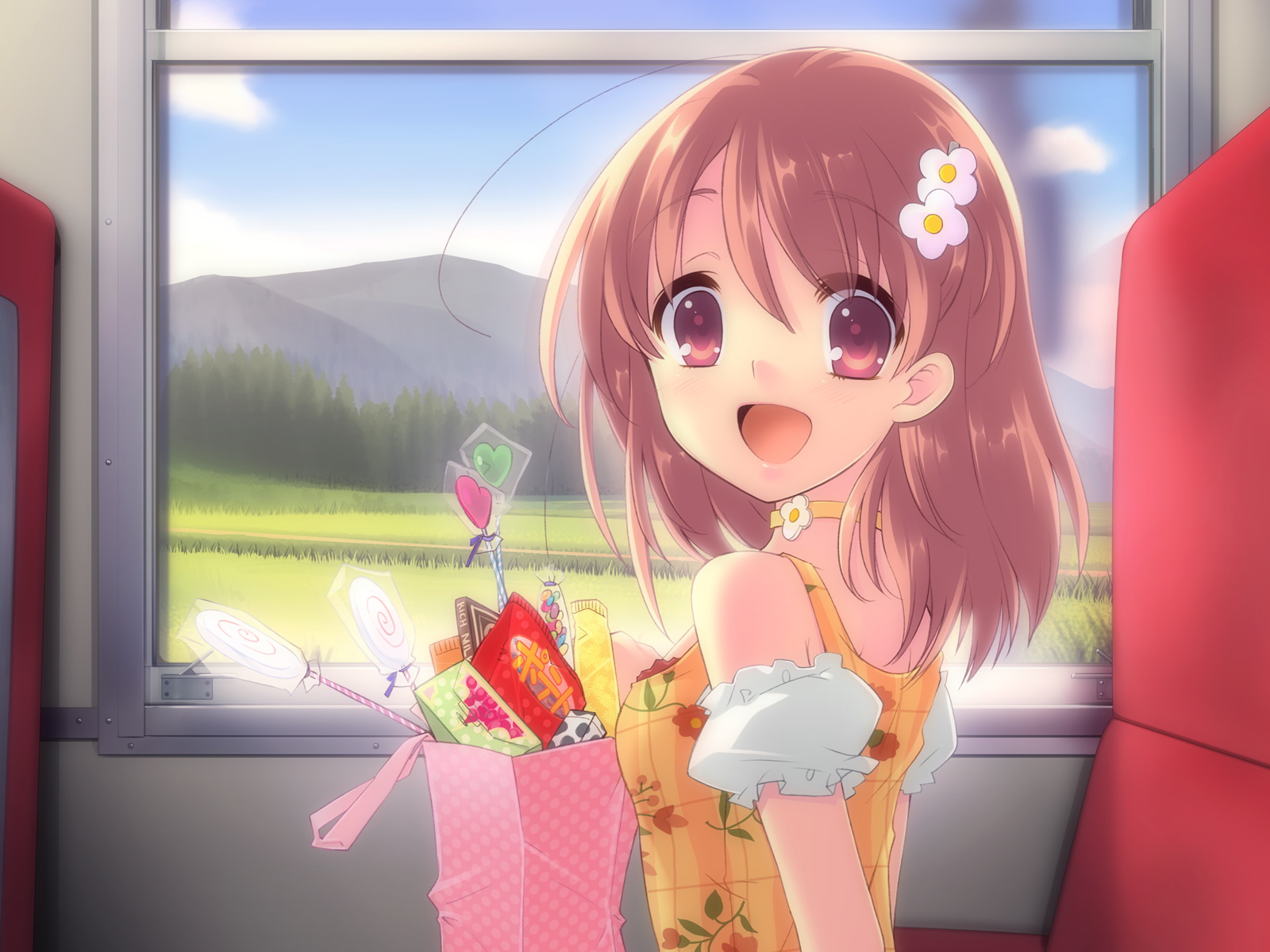 ito noizi, inaba yui, flyable heart, game cg, highres, 1girl, :d, bare shoulders, brown hair, candy, choker, female focus, field, food, hair ornament, hairclip, indoors, lollipop, looking back, nature, open mouth, red eyes, scenery, short hair, smile, solo, sweets, train, window