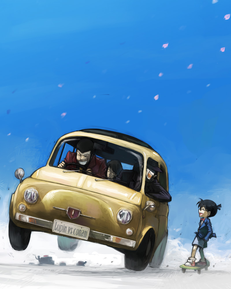 haruhashi, arsene lupin iii, edogawa conan, ishikawa goemon xiii, jigen daisuke, fiat, lupin iii, lupin sansei vs meitantei conan, meitantei conan, 4boys, beard, black hair, blue jacket, bow, bowtie, brown hair, car, crossover, driving, facial hair, fedora, fiat 500, glasses, grin, hat, jacket, laughing, male focus, motor vehicle, multiple boys, necktie, petals, red bow, red bowtie, red jacket, sideburns, skateboard, smile, vehicle focus, yellow necktie