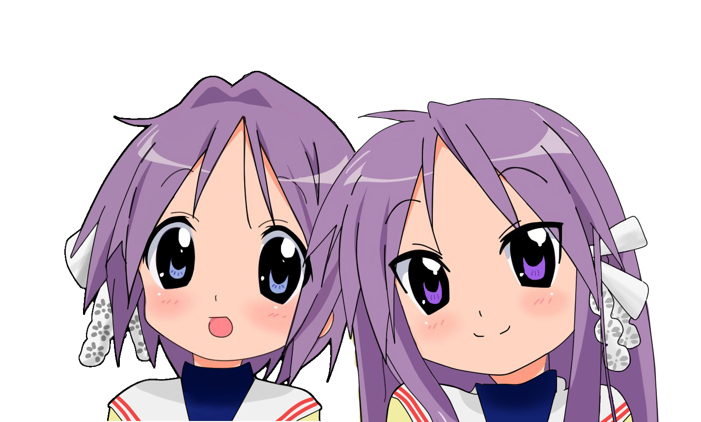 rakisana, fujibayashi kyou, fujibayashi ryou, hiiragi kagami, hiiragi tsukasa, clannad, kyoto animation, lucky star, 2girls, blue eyes, company connection, cosplay, fujibayashi kyou (cosplay), fujibayashi ryou (cosplay), long hair, look-alike, multiple girls, parody, purple eyes, purple hair, short hair, siblings, sisters, tareme, tsurime, twins
