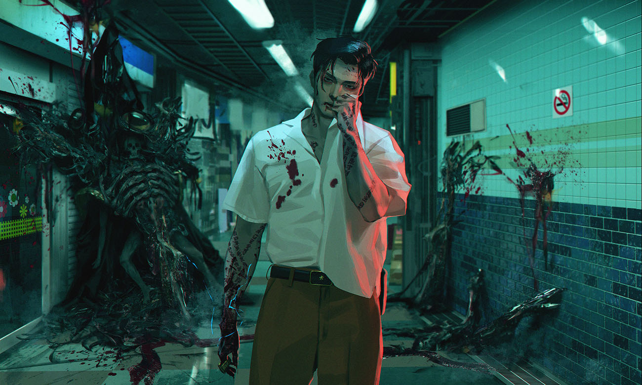 tomono rui, original, commentary request, 1boy, belt, black belt, black hair, blood, blood on arm, blood on clothes, blood on face, blood on ground, blood on hands, brass knuckles, brown pants, death, electricity, indoors, looking at viewer, male focus, monster, no smoking, pants, shirt, shirt tucked in, short hair, short sleeves, solo, standing, tattoo, weapon, white shirt, wiping face